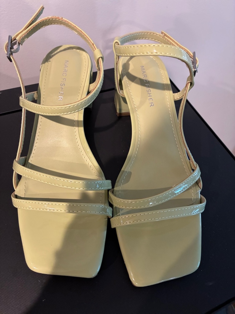 Marc Fisher Pale Yellow Patent Strappy Block Heels